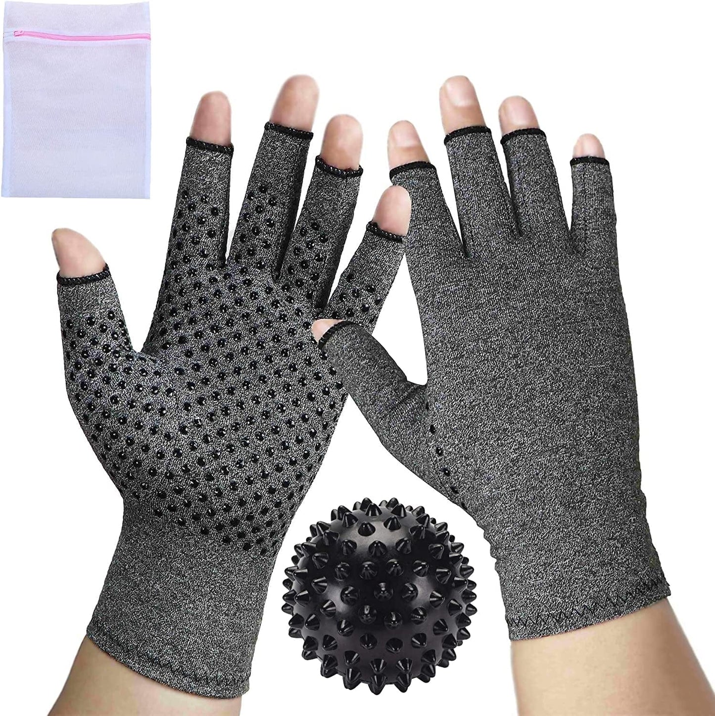 1 Pair Compression Arthritis Gloves Fingerless Hand Wrist Support Joint Pain Relief for Men & Women Grey - (1 Dotted Pair Small + 1 Massager Ball) & Mesh Bag