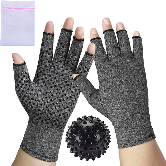 1 Pair Compression Arthritis Gloves Fingerless Hand Wrist Support Joint Pain Relief for Men & Women Grey - (1 Dotted Pair Small + 1 Massager Ball) & Mesh Bag